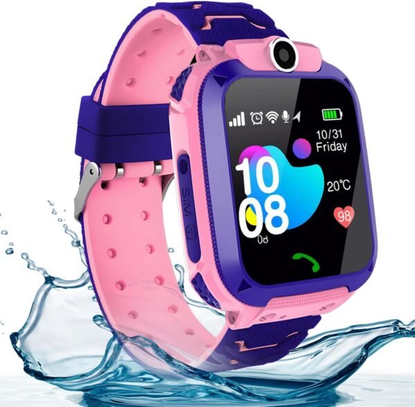 Kids waterproof smart watch, SIM card for make and receive calls, with Puzzle games, touch screen, HD camera, Music Player, GPS position, suitable for children aged 3-12, Best gift for Kids (Pink)