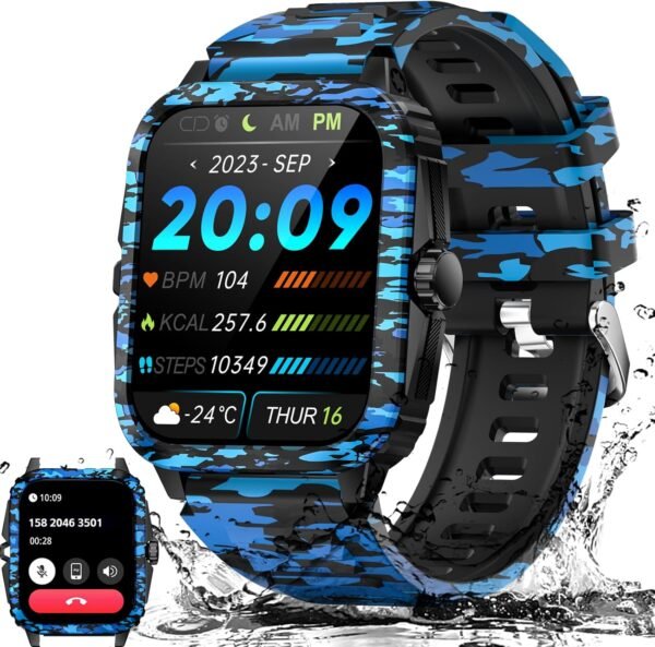 PAKRYS Military Smart Watch for Men 3ATM Waterproof Watch 2.0'' Big Screen Tactical Smartwatch 430mAh Fitness Tracker with Heart Rate Sleep Monitor Outdoor Answer Call for iPhone Android (Blue)