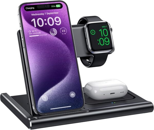 Charging Station,EXW 3 in 1 Wireless Charging Station for iPhone 16/15/14/13/12/11/XR/X/8,Fast Wireless Charging Stand for Airpods Pro/3/2 and iWatch（No Adapter Included)