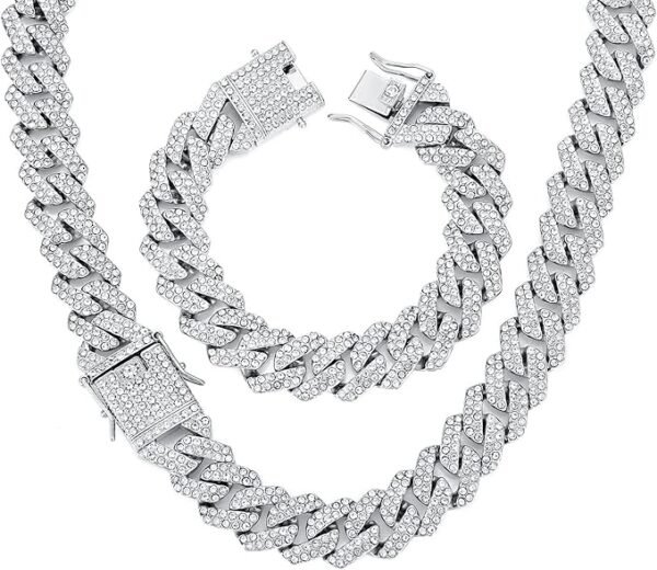 HIPBLING Miami Cuban Link Chain Bracelet Set for Men Diamond 2 Pcs Cuban Necklace Bracelet Gold Silver 20mm Iced Out Cuban Chain for Men Women Jewelry Set Gift, Cubic Zirconia, Rhinestone